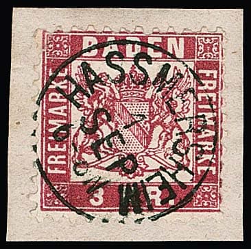 Los 56 - "Hassmersheim", seltener K1 (später Postort, eröffnet 8/71) klar zentrisch auf Briefstück 3 Kr. (kl. Spalt)
