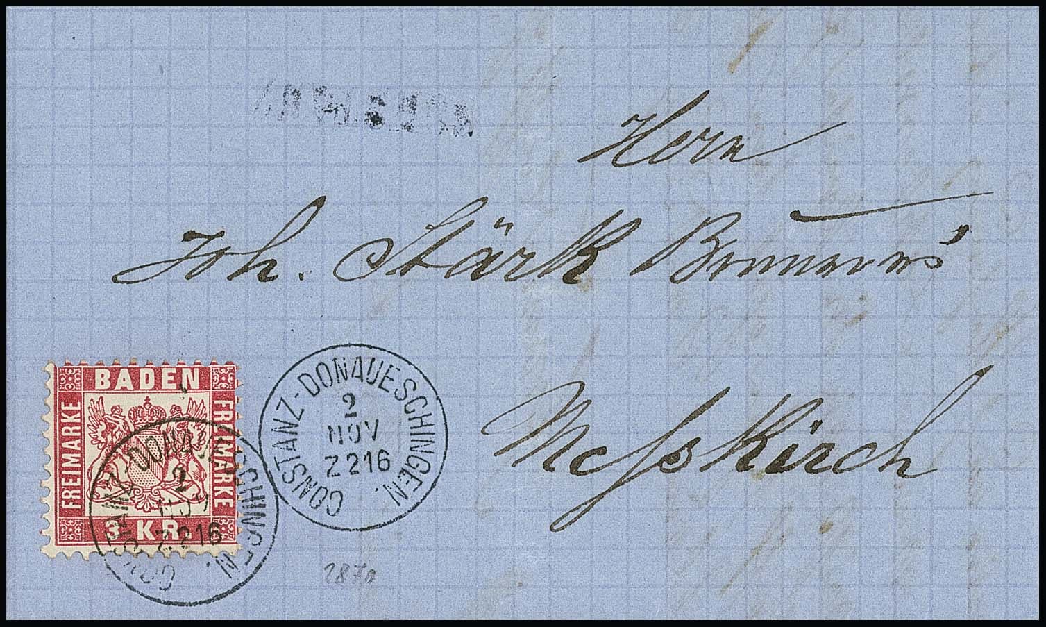 Los 48 - "Constanz", zarter Bahnpost-Aufgabe-L1, Marke mit Zug-K1 "Constanz-Donaueschingen" entwertet, auf Kabinettbrief 3 Kr.