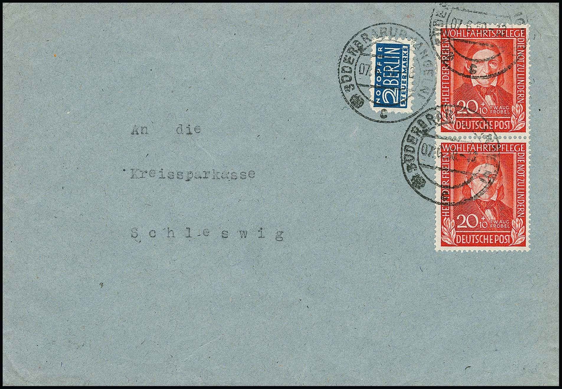 Los 3805 - 8 Pfg. Wohlfahrt einzeln auf portoger. Orts-Postkarte aus Frankfurt, sowie 20 + 10 Pfg. im Paar als MeF auf Doppelbrief, ferner 30 + 15 Pfg. als EF auf Auslandsbrief (ins Saarland), Mi. 580,- +
