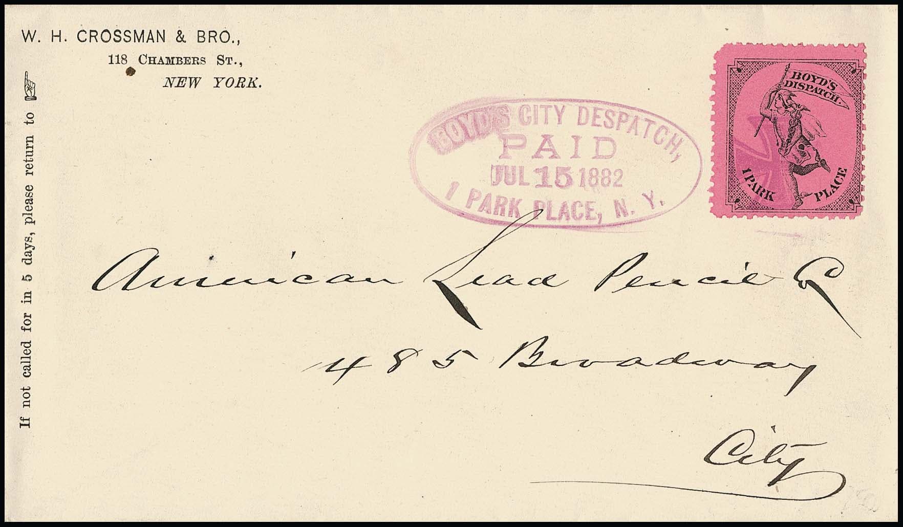 Los 4478 - Boyd's City Despatch, New York, schw./rosa (typische Zähnung), einzeln 1882 auf Vordruck-Ortscouvert