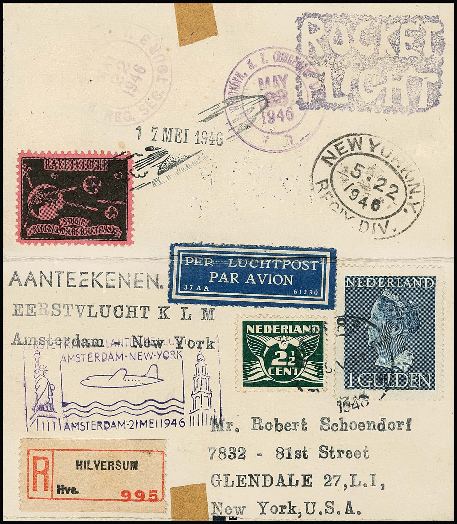 Los 4529 - Raketenflug 1946, Erstflugkarte Amsterdam-New York mit 2 1/2 C. und 1 Gld. sowie zusätzlich Raketenpost-Vignette
