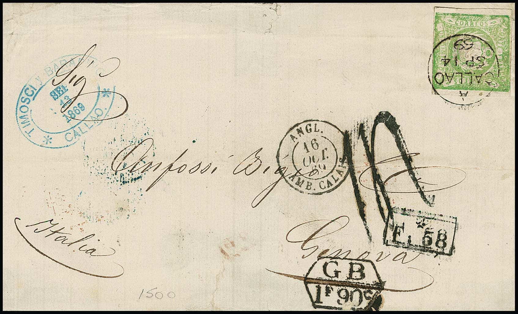 Los 4495 - Peru, 1869, zwei Briefe aus gleicher Korrespondenz von Callao je mit 1 Din. gelbgrün (einmal etwas berührt) nach Genua/Italien. Beide mit Tax-Ra2 "G.B. 1 F. 90 C." und Ra1 "F.58", einmal mit Nachtax-Stempel, einmal mit ital. Portomarken zu 40 C. und 1 L. blau/rot nachfrankiert