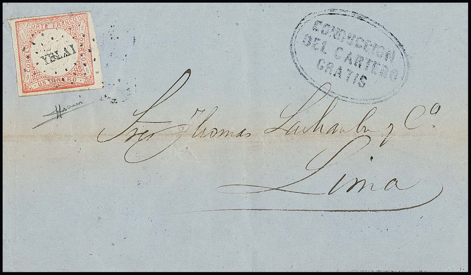 Los 4494 - Peru, 1863/64, drei Briefe (zwei mit stärkeren Mittelfalten) je mit tadellosen 1 Din. rosa aus einer Korrespondenz nach Lima, alle mit Oval-Nebenstempel "Conduccion del Cartero Gratis", aus Iquique (mit NS), Arequipa (K2) und Islay (Punkt-Stempel). Je sign. Sorani