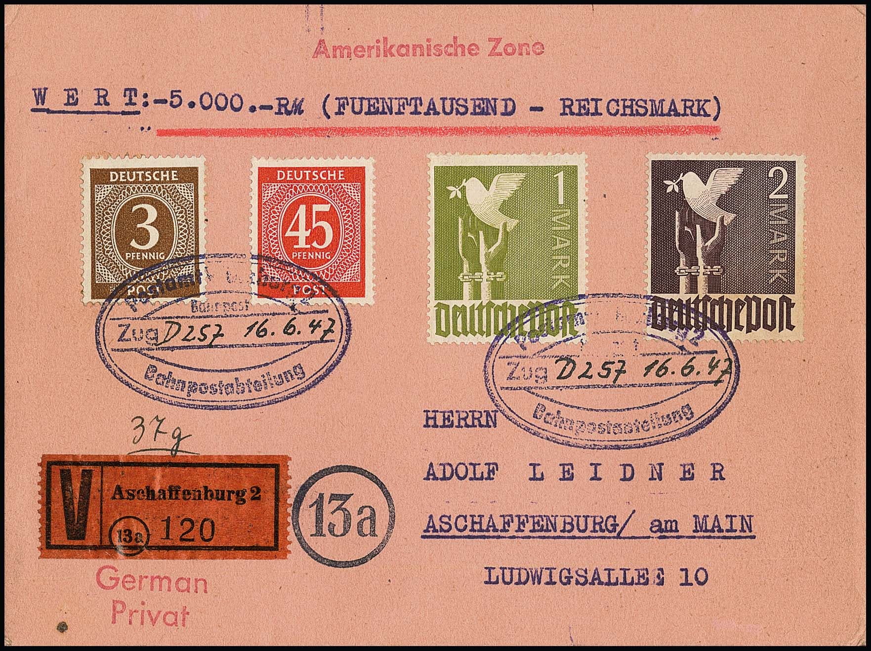 Los 3320 - 3 u. 45 Pfg. Ziffern, nebst 1 u. 2 Mk. Taube, auf Wertbrief aus Frankfurt, bei der Bahnpost mit prov. Zugstempel bearbeitet, in Aschaffenburg als Orts-Wertbrief verarbeitet, siehe Foto, sowie 12 Pfg. Arbeiter und Viererstreifen 24 Pfg. Stephan ebenfalls auf Bahnpost-R-Brief aus Würzburg auf prov. BP-Stempel "Würzburg 2"
