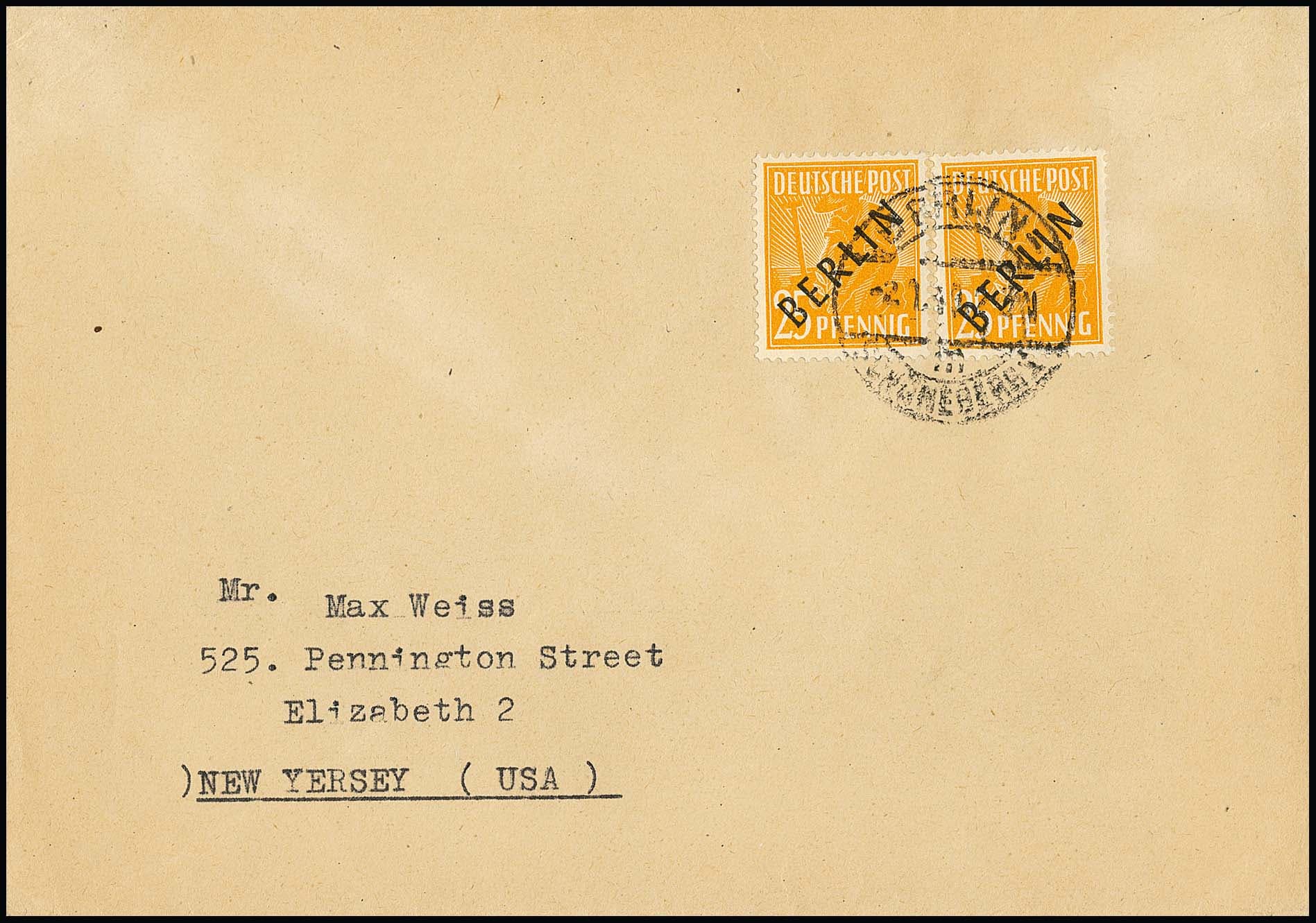 Los 3394 - 25 Pfg. Schwarzaufdruck per zwei als MeF auf Überseebrief von Berlin-Schöneberg, 2.1.49, in die USA. Mi. 330,-