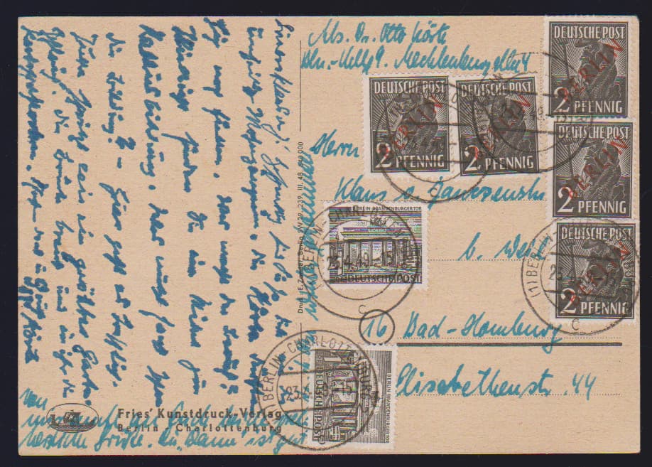 Los 3391 - 2 Pfg. Schwarzaufdruck im Paar, nebst dreimal 2 Pfg. Rotaufdruck, als unbeanstandete 10 Pfg.-Frankatur auf Ortsbrief Berlin, 28.1.50. Ferner 15 Pfg. Schwarzaufdruck nebst u.a. 15 Pfg. SBZ-Maschinenaufdruck auf Orts-R-Brief, 84 Pfg. SA als EF auf R-Brief, sowie 2 Pfg. Rotaufdruck per fünf nebst zweimal 1 Pfg. Bauten auf Fernpostkarte