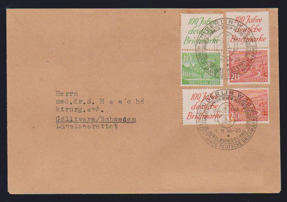 Los 3408 - "100 Jahre deutsche Briefmarken", Bauten-Zusammendrucke 10 und zwei versch. 20 Pfg. auf portoger. Auslandsbrief ab Berlin vom Ersttag, Mi. 360,-