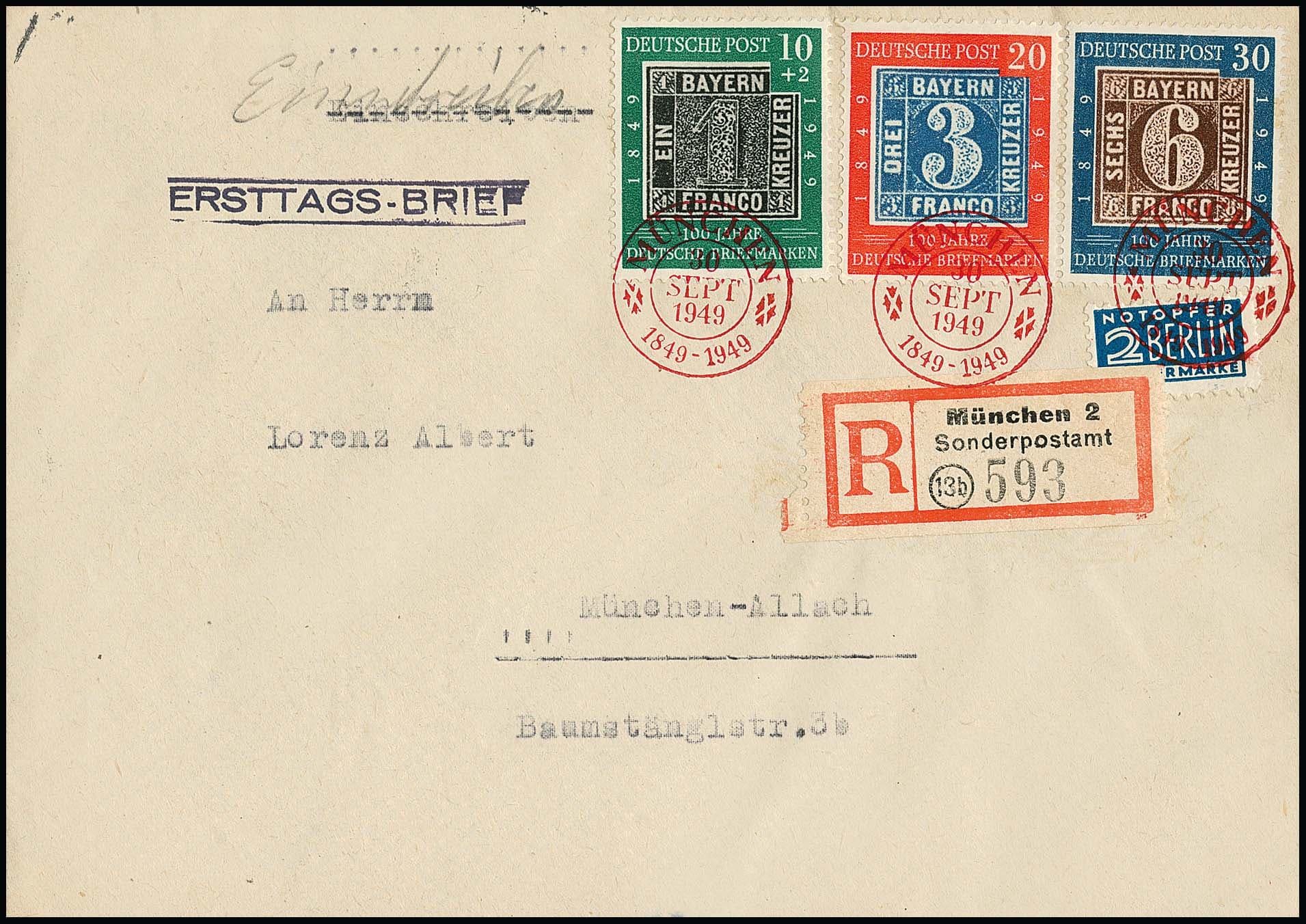 Los 3793 - Jahrgang 1949, fünf bessere Belege: Nr. 111 als EF, 112 Bogenecke re. o. als EF, 113 MeF, 113-15 auf portoger. R-FDC (mit Einl.-Schein), sowie Nr. 117-20 auf Satz-R-Brief