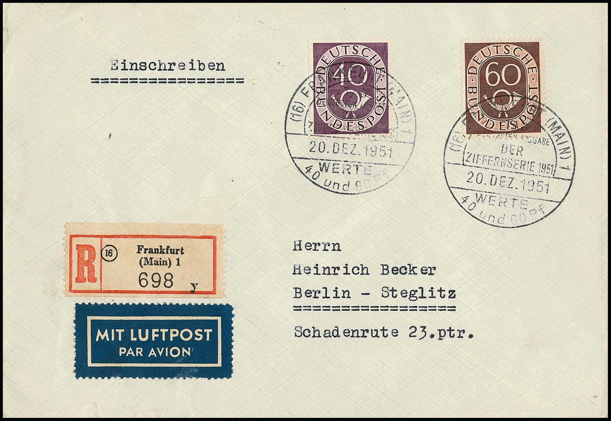 Los 3813 - Posthorn, zwei FDCs: mit 2, 5 und 30 Pfg., sowie 40 u. 60 Pfg. auf Lupo-R-FDC. Mi. 1070,-
