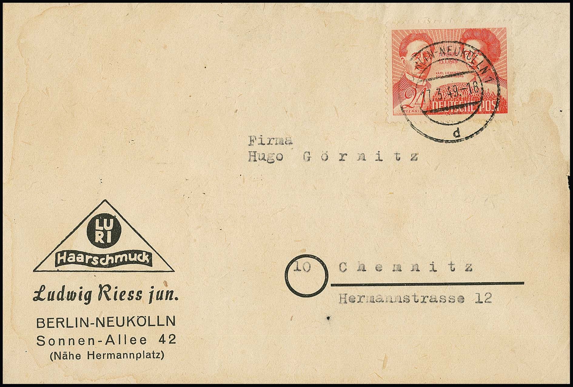Los 3390 - SBZ in Westberlin verwandt, 24 Pfg. Liebknecht/Luxemburg einzeln auf Couvert (dieses Gebrauchserhaltung) von Berlin-Neukölln, 1.3.49, nach Chemnitz, Attest Schlegel. Mi. 1600,-