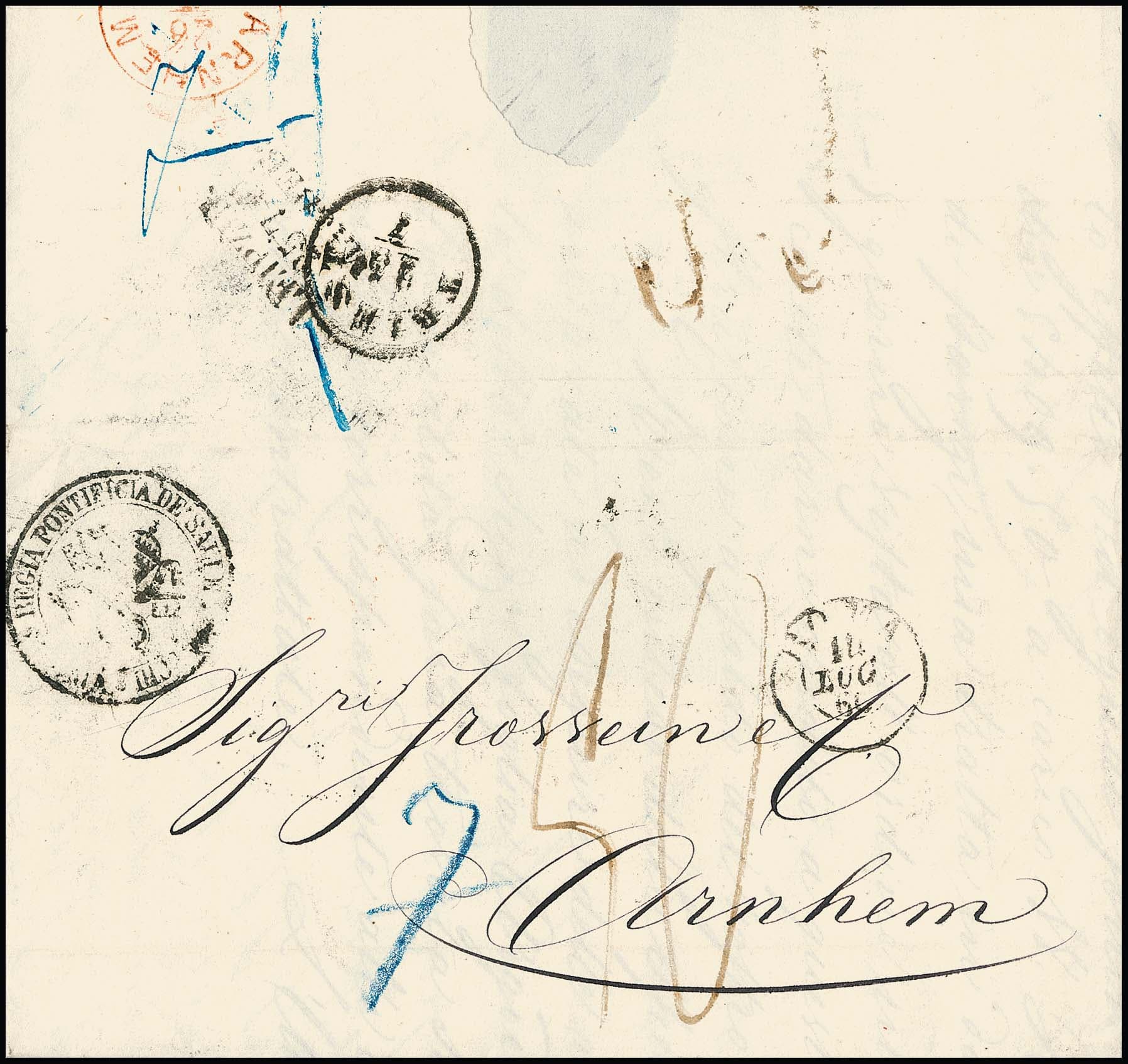 Los 16 - "Kirchenstaat-Niederlande", 1860, Faltbrief aus Rom mit Taxe "50" (niederl. Cent.) nach Arnheim. Sehr seltener Laufweg über Triest, welcher nur wenige Monate im Jahr 1860 genutzt werden konnte, bevor Sardische Truppen im September 1860 Ancona einnahmen. Porto Preußen "7" Sgr. (= 40 C.) plus 10 C. Inland = "50" Cent.