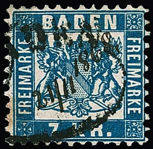 Los 40 - "Baden", Schnallenstempel mit hs. Datum (ungewöhnlich) auf Kabinettstück 7 Kr. blau, Fotoexp. Stegmüller