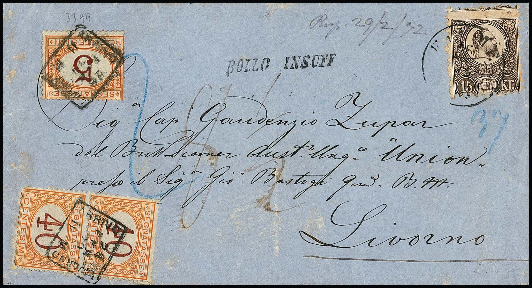 Los 4475 - 15 Kr. rötlichbraun auf Brief von Fiume nach Livorno, unterfrankiert und mit italienischen Nachportomarken nachfrankiert. Trotz kleiner Mängel ungewöhnlicher Brief aus 1872