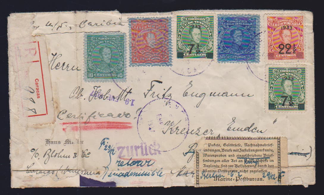 Los 4493 - Venezuela, 1937, 7 1/2 (2) und 22 1/2 C. Aufdruckmarken, nebst weiteren Werten, auf Zensur-R-Brief von Carracas nach Deutschland an einen Angehörigen auf dem Kreuzer "Emden", mit Retour-Zettel des Marinepostbüros zurück, da Einschreibebriefe nicht zugelassen, und als normaler Brief erneut versandt, typische gebrauchsbedingte kl. Mgl.