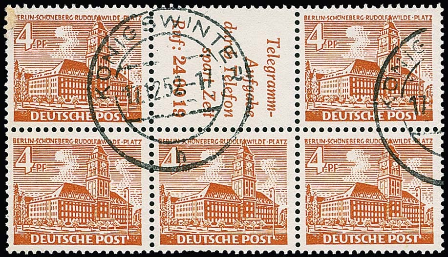 Los 3414 - 4 Pfg. Bauten, acht gestempelte Zusammendruck-Einheiten mit W25, 26, 28, 29, 31, 32 sowie S7/8. Mi. 1125,-