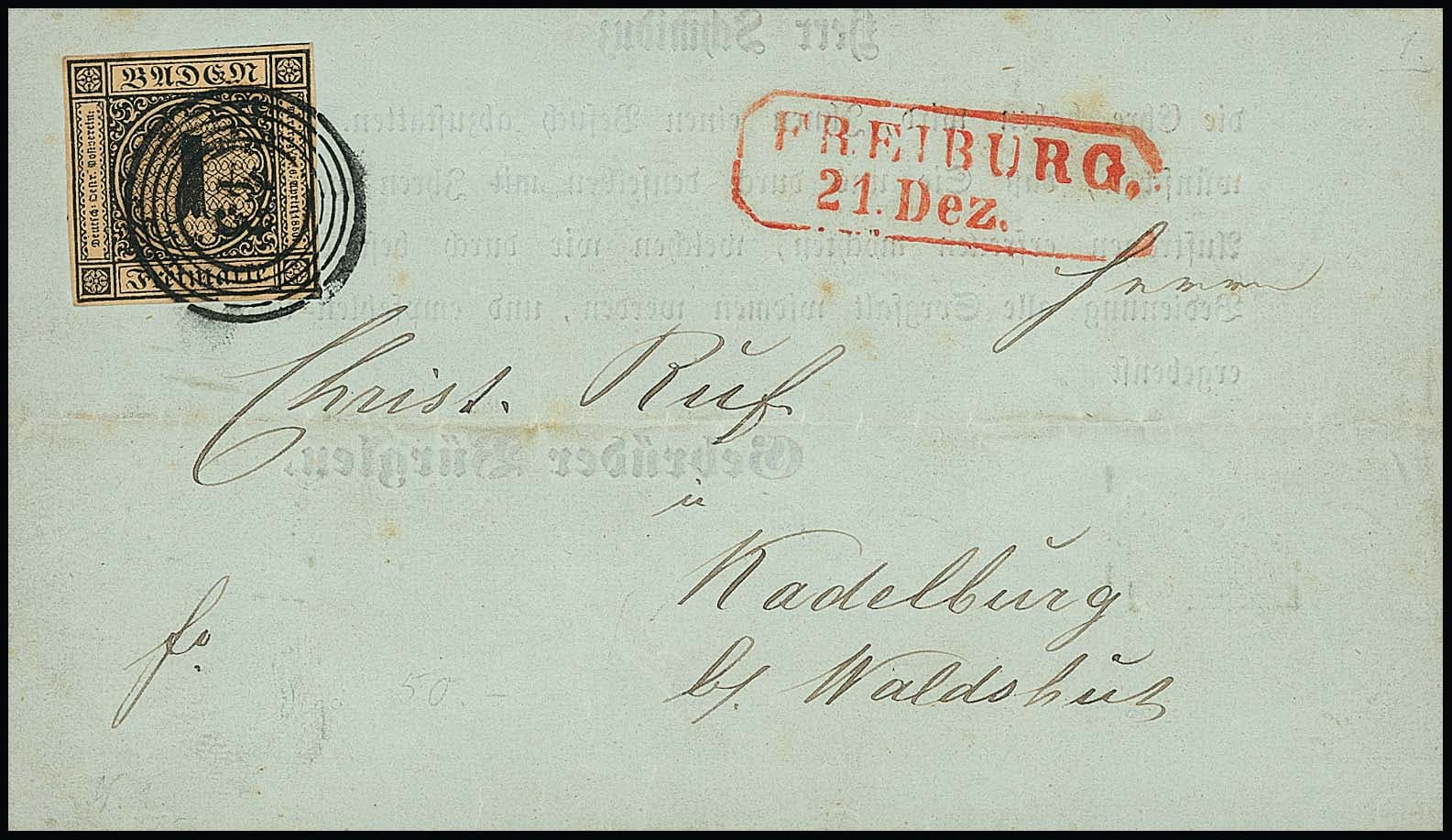 Los 1165 - 1 Kr. schw./bräunlich, überrandiges Kabinettstück auf Falt-Drucksache mit NS "43" und rotem Ra2 "Freiburg"
