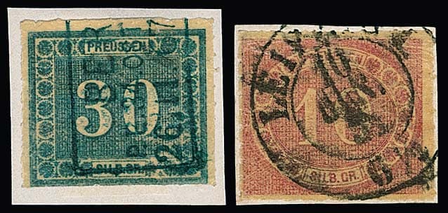 Los 2890 - 10 Sgr. rosa, voller Durchstich, auf Briefstück mit K2 "Leipzig", sowie 30 Sgr. blau mit seltenem blauem Ra3 "Berlin P.E. 34 Ostbahnhof" v. 26.11.67, beide in für diese schwierigen Marken weit überdurchschnittlich guter Erhaltung