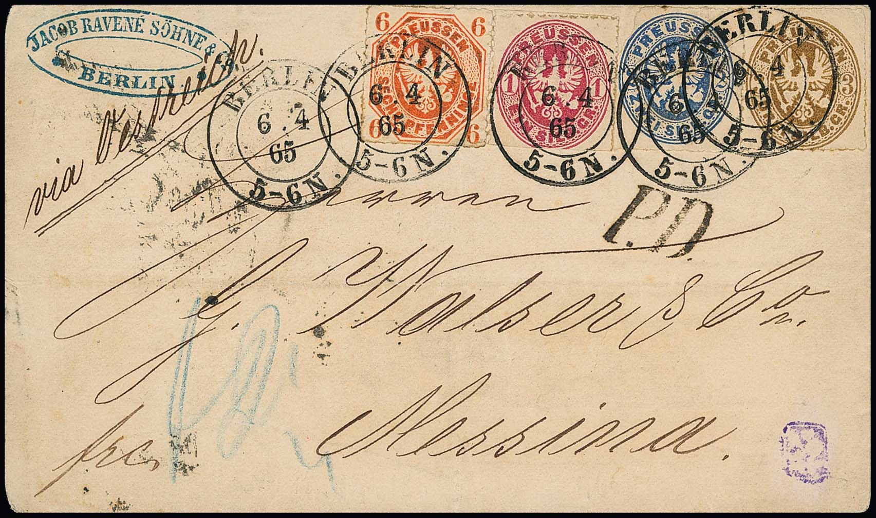 Los 2837 - 6 Pfge. orange, 1 Sgr. rosa, 2 Sgr. blau (Eckfehler) und 3 Sgr. ockerbraun als, trotz kl. Mgl., seltene Frankatur-Darstellung auf gef. Auslandsbrief von Berlin (K2) 1865 nach Messina/Sizilien