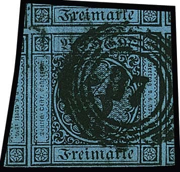 Los 21 - 3 Kr. schw./blau, aussergewöhnlicher "Schnittriese", unten voll-, sonst riesenrandig mit dreiseitig großen Teilen aller Nebenmarken!