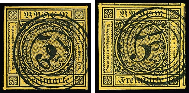 Los 8 - 3 Kr. schw./dunkelgelb bzw. gelb, zwei feinste Luxusstücke, riesenrandig, alle vier bzw. drei Seiten Nebenmarken. Sign. Seeger bzw. Brettl