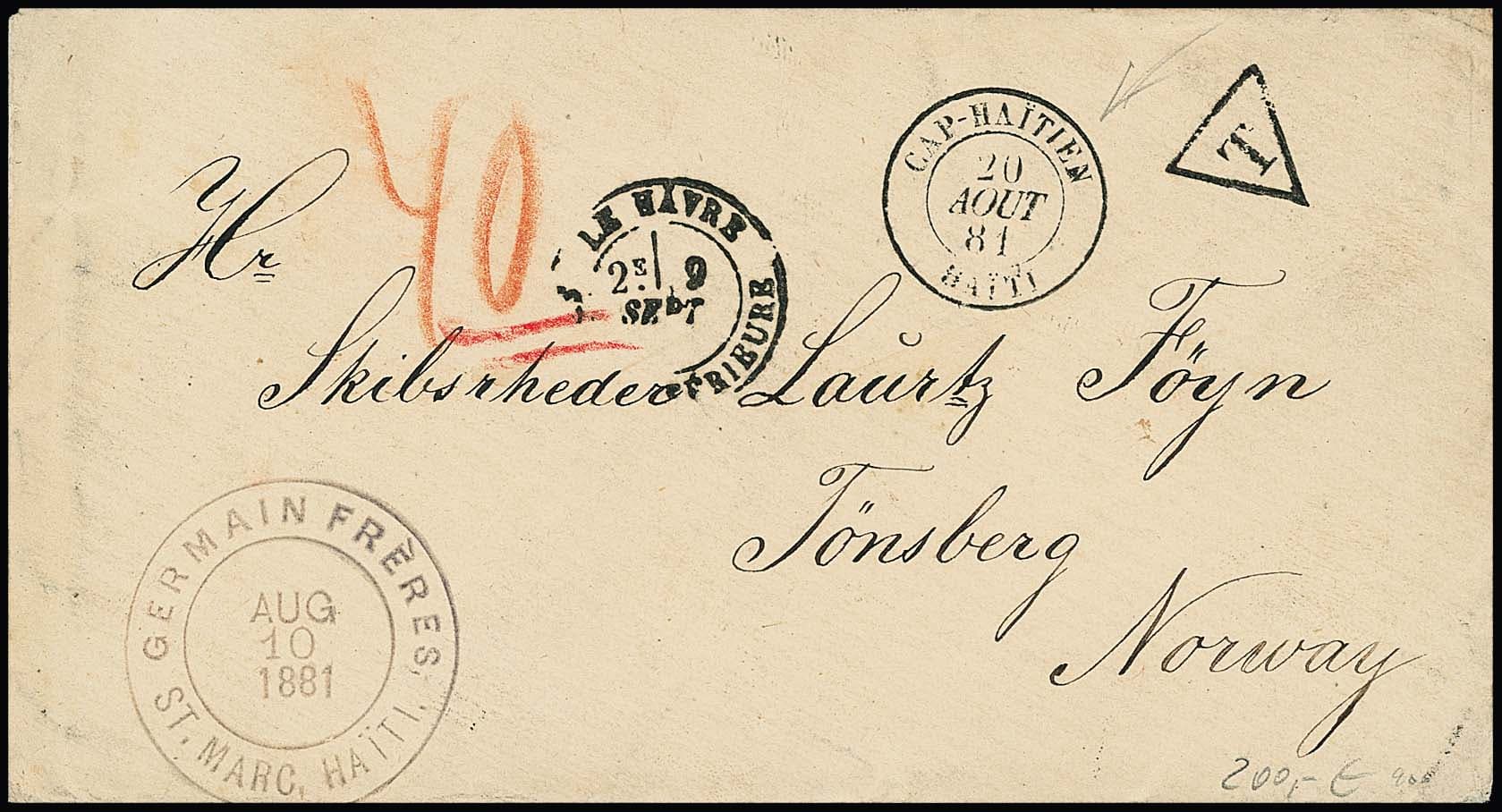 Los 1016 - "Haiti-Norwegen", 1851, seltenes Couvert von Cap Haitien via Frankreich nach Tönsberg/Norwegen