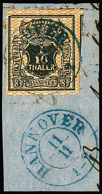 Los 248 - 1/10 Th. schw./orange, ungewöhnlich breitrandig mit Teilen von Nebenmarken auf Kabinettbriefstück mit K2 "Hannover". Die Marke zeigt sowohl den Plattenfehler "fehlender Huf des Einhorns" als auch zusätzlich einen deutlichen Plattenbruch vom Rand unten bis zum Schriftzug "DREI SGR.", in dieser Form sehr selten. Sign. Berger
