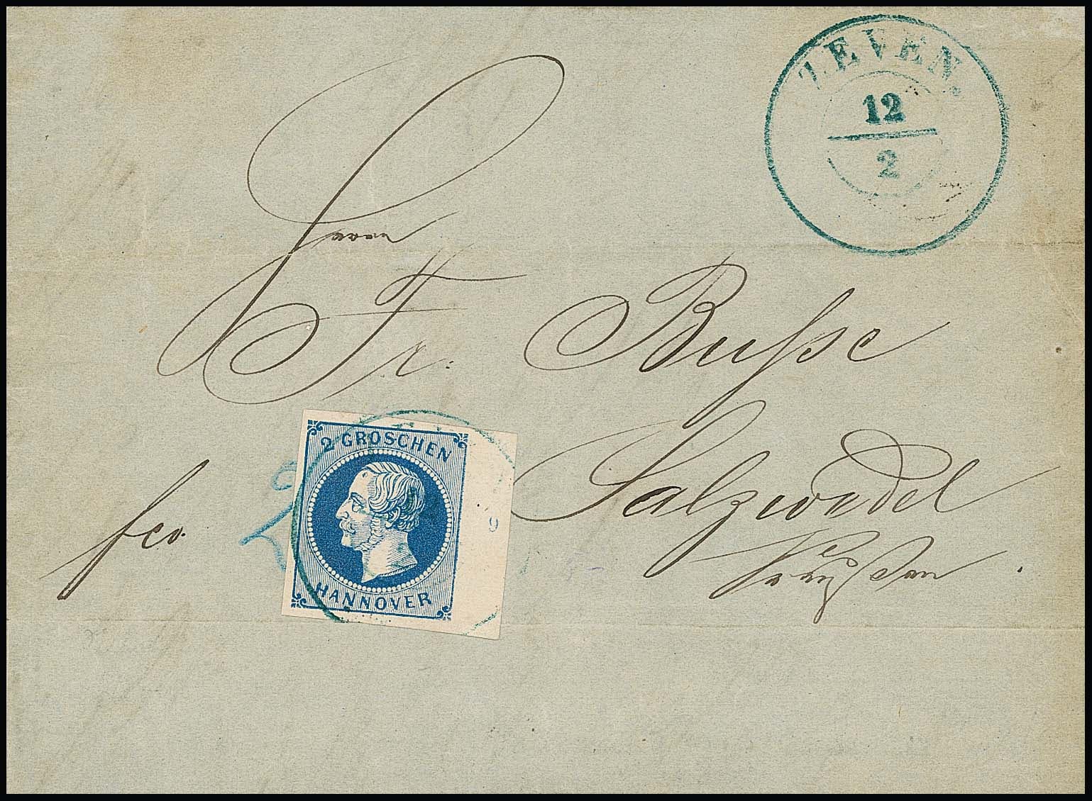 Los 2232 - 2 Gr. blau mit Bogenrand rechts und Reihenzahl "9" auf zweifach gef. Prachtbrief mit K2 "Zeven"