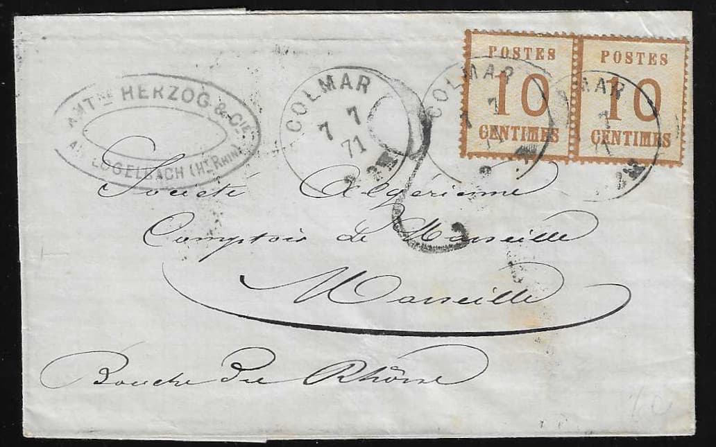 Los 3754 - 10 C. ockerbraun einzeln mit HE "Colmar" auf Brief, 6.12.71, nach Reichweiler, sowie im Paar (re. Wert min. kurzer Zahn) mit K1 "Colmar" in Doppelfrankatur mit Taxstempel "2" auf Brief nach Marseille