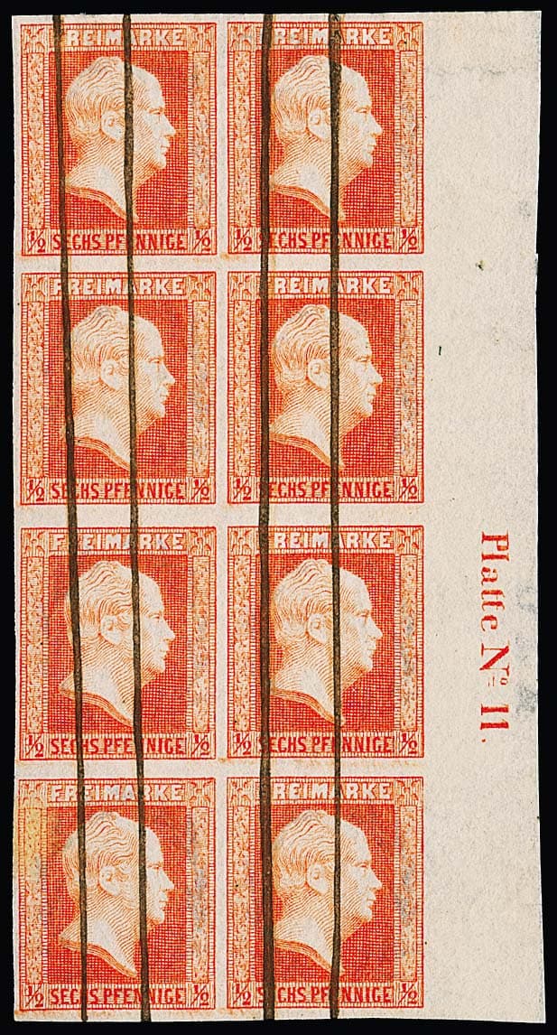 Los 454 - 1/2 Sgr. rotorange, breitrandiger senkrechter Achterblock mit 10 bis 11mm breitem rechtem Bogenrand, dort Inschrift "Platte No. 11" und Teile des Bogenwasserzeichens "DER", entwertet mit senkrechten Annulationsstrichen (min. Reinigungsspuren), möglicherweise das einzige Exemplar dieser Plattennummer in besonders schöner Erhaltung, Attest Wasels, sign. Metzer, Bühler