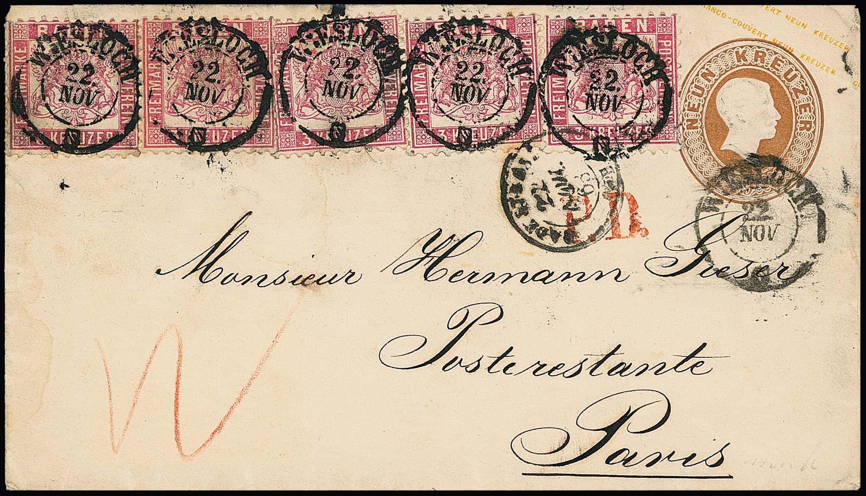 Los 26 - 3 Sgr. rosa, fünf Exemplare (zwei je einen kurzen Zahn, links etwas gestauchte Zähnung durch Randklebung) auf Ganzsache 9 Kr. ockerbraun, mit K2 "Wiesloch" 1865 nach Paris, kurios bereits für die nächsthöhere Gewichts-Progression frankiert. Wahrscheinlich Unikat mit dieser Frankatur, Attest Stegmüller