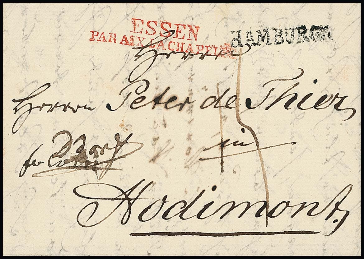 Los 1013 - "Essen Par Aix La Chapelle", 1800, roter L2 auf Brief (aus Riga) nebst L1 "Hamburg" nach Hodimont/Belgien, Leitvermerk "fr. Cölln" in "fr. D' dorf" geändert