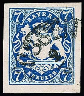 Los 103 - 7 Kr. preußischblau, Plattenfehler "Oval oben links gebrochen", allseits besonders breitrandiges Luxusstück mit klarem Segmentstempel "Füssen", lt. Attest Schmitt sehr selten. Mi. 1000,- für Normalmarke