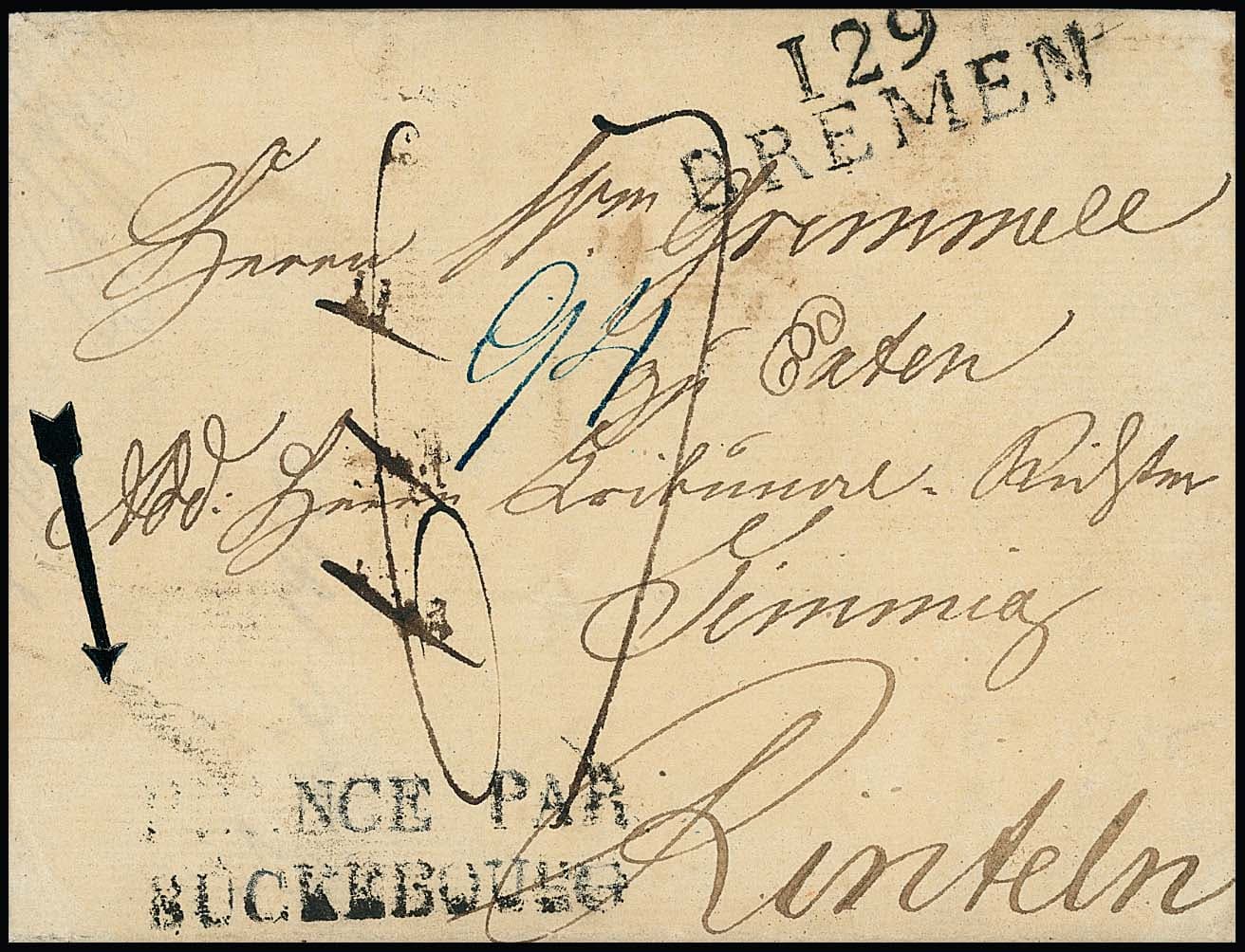 Los 1014 - "France par Bückeburg", 1813, L2 auf Brief mit Aufgabe-L2 "129 BREMEN" nach Rinteln