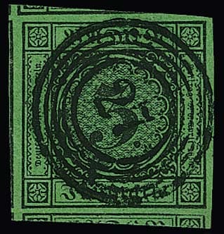 Los 18 - 3 Kr. schw./grün, hervorragender Luxus-Schnittriese, rechts vom Rand, sonst alle anderen Seiten mit allen fünf Nebenmarken, NS "27" (Donaueschingen), sign. Brettl