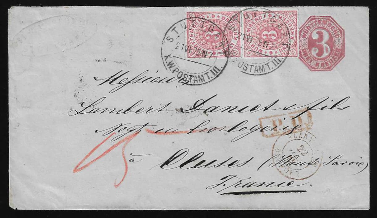 Los 3646 - 3 Kr. rosa, Prachtpaar auf Ganzsache 3 Kr. rosa, mit Steg-K2 "Stuttgart K.W. Postamt III" 1875 nach Frankreich