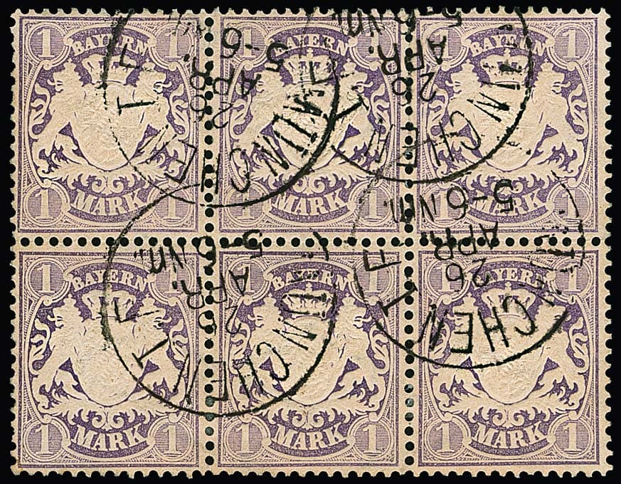 Los 117 - 1 Mk. purpurviolett, Kabinett-Sechserblock mit K1 von München, gut gezähnt, ganz geringfügig angetrennt. Eine seltene Einheit (Mi. für Viererblock 1200,-!), Attest Brettl
