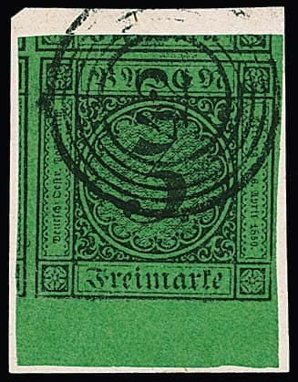 Los 19 - 3 Kr. schw./grün, allseits sehr breitrandig, unten 6mm Bogenrand, zwei Seiten Nebenmarken, auf Luxusbriefstück mit NS "42"