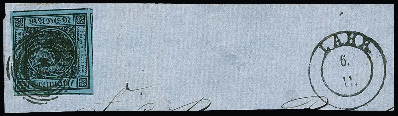 Los 22 - 3 Kr. schw./blau, hervorragend riesenrandiges Luxusstück mit Teilen von sieben der acht möglichen Nebenmarken, auf Luxusbriefstück mit NS "79" und K2 "Lahr", sign. Brettl und Fotoexp. Stegmüller