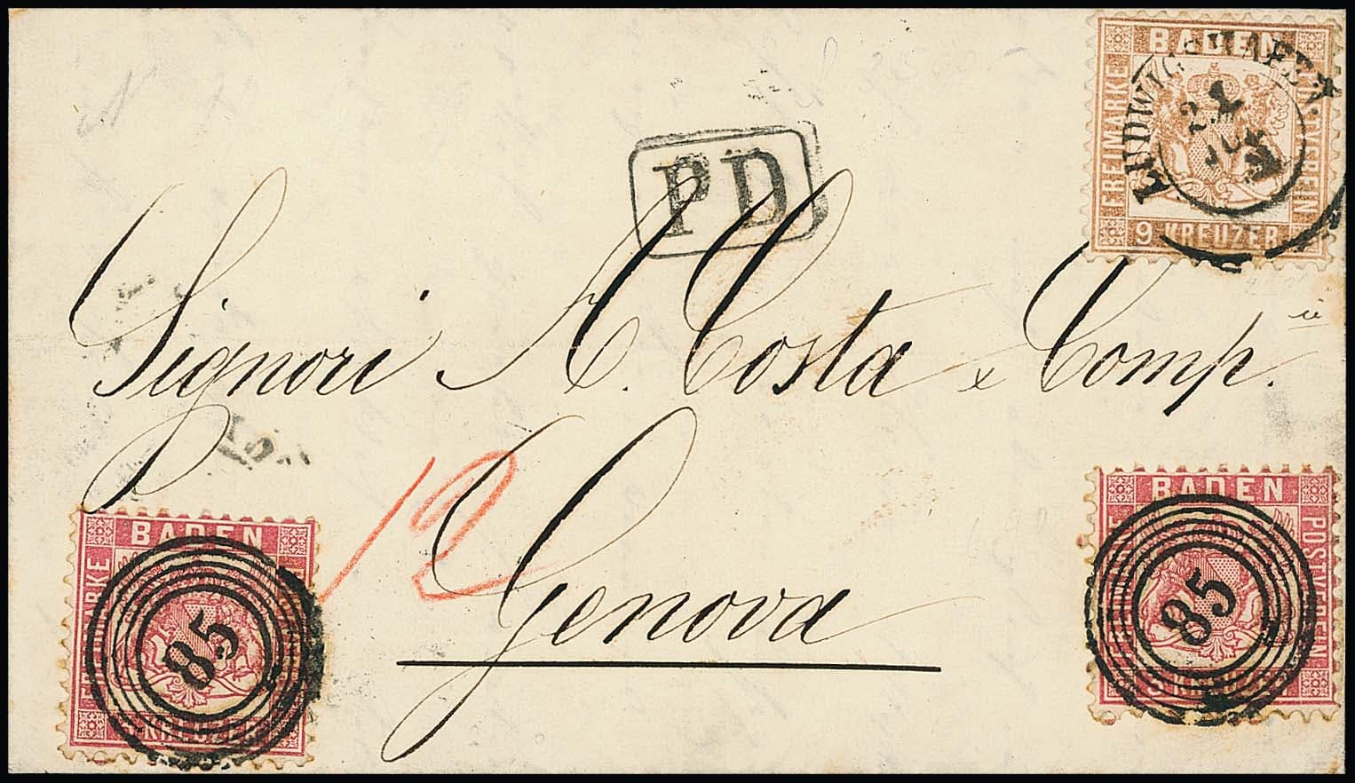 Los 25 - 3 Kr. rosa per zwei, diese mit NS "85", nebst 9 Kr. fahlbraun, diese wiederum mit K2 "Ludwigshafen", auf gefaltetem Brief in völlig ursprünglicher Erhaltung 1865 nach Genua/Italien. Die linke 3 Kr. unauffällige Kerbe rechts, sonst in guter Erhaltung