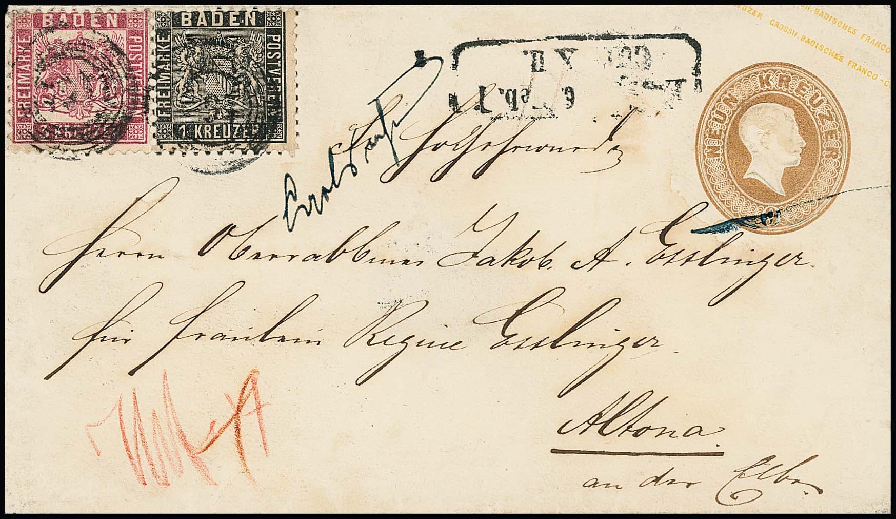 Los 23 - 1 Kr. schwarz, tadellos, in Mischfrankatur mit 3 Kr. rosa (bestoßenes Eckchen), auf Ganzsache 9 Kr. braun (rs. Siegel ausgeschnitten), mit gutem Fünfring-NS "164" der Bahnpost, hs. Aufgabe "Carlsruhe" und Eisenbahn-Ra2 "E.B. Curs XII" vorderseitig, nach Altona/Dänemark. 9 Kr. Postverein plus 4 Kr. dänisches Weiterfranko, sehr seltene Kombination!
