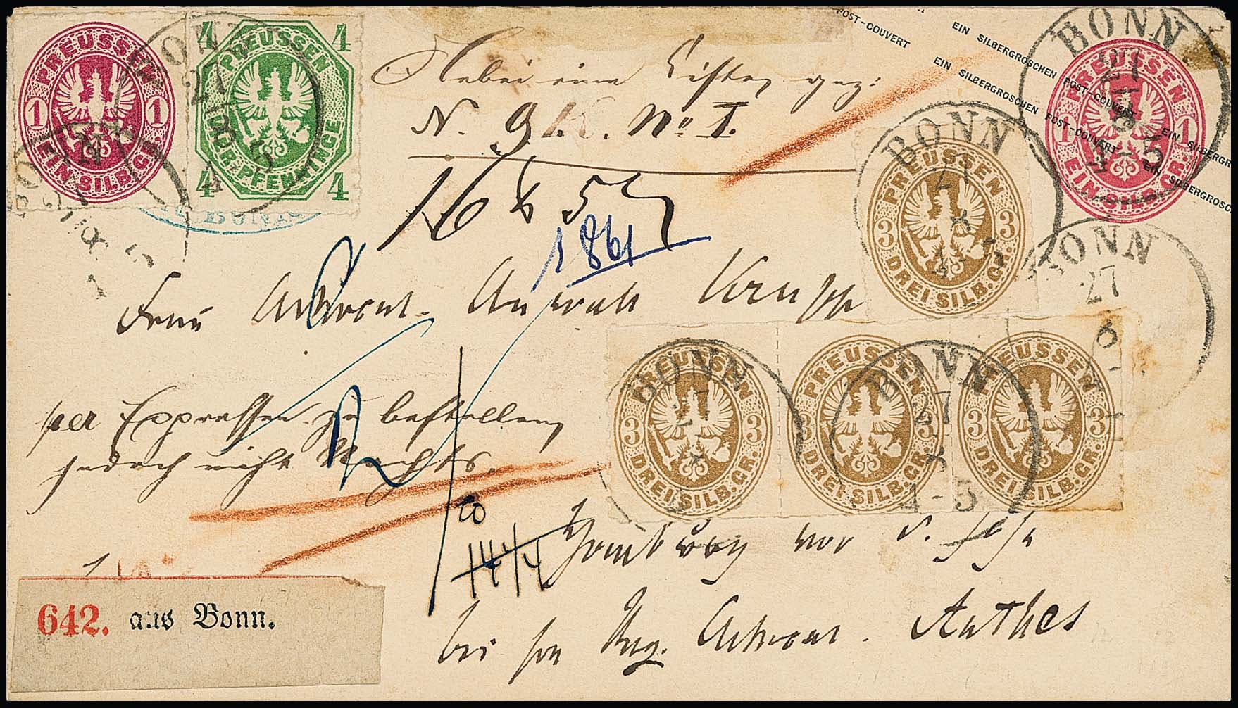 Los 402 - 4 Pfge. grün, 1 Sgr. rosakarmin sowie Dreierstreifen und Einzelstück 3 Sgr. ockerbraun auf Ganzsache 1 Sgr. rosa, mit K1 "Bonn" als Paketbegleit-Landexpreßbrief (leichte Leim- und Gebrauchsspuren) in den DÖPV, Landbezirk von Homburg/Ohm, Unikat als Fahrpost-Expreßbrief in den Landbezirk!