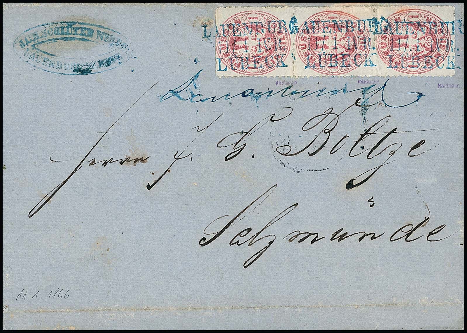 Los 3198 - "Lauenburg", handschriftliche Bahnpost-Aufgabe und blauer Zug-L3 "Lauenburg-Lübeck" auf Brief mit Dreierstreifen Preußen 1 Sgr. (dieser etwas fleckig)