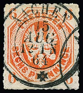 Los 495 - 6 Pfge. rotorange, Kabinettstück mit zentrischem K2 "Aachen" in seltener belgischer Versuchstype, sign. Meier