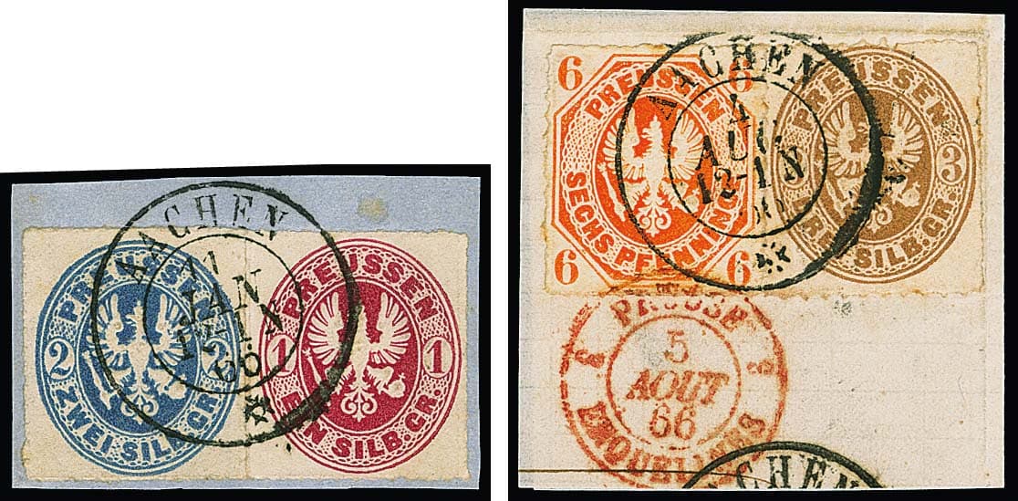 Los 490 - 6 Pfg. rotorange nebst 3 Sgr. ockerbraun, bzw. 1 Sgr. karmin und 2 Sgr. blau, zwei Briefstücke je mit seltenem K2 "Aachen" in belgischer Versuchstype