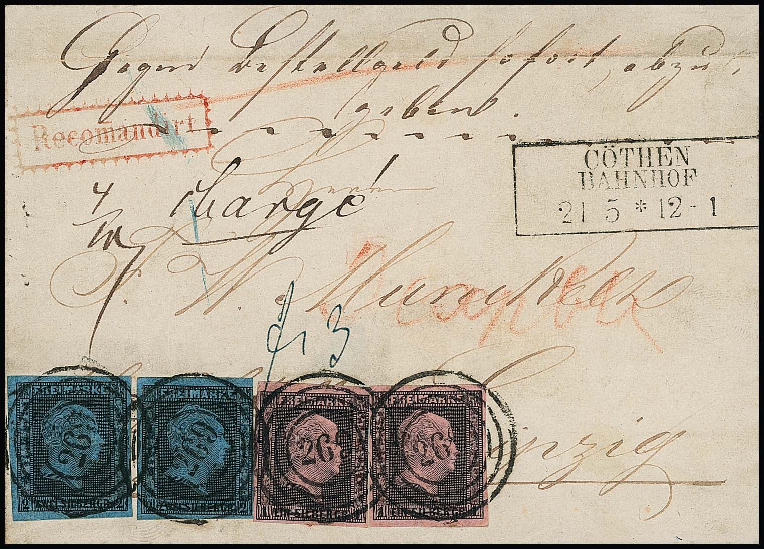 Los 386 - 1 Sgr. schw./rosa und 2 Sgr. schw./blau je per zwei, jeweils eine 1 und 2 Sgr. rechts winzig berührt, auf gef. Reco-Expreßbrief mit NS "269" und Ra3 "Cöthen Bahnhof" nach Leipzig. Expreßbriefe der 1. Ausgabe in den DÖPV sind sehr selten, diese Kombination (1 Sgr. Brief, 2 Sgr. Reco, 3 Sgr. Expreß) ist einmalig