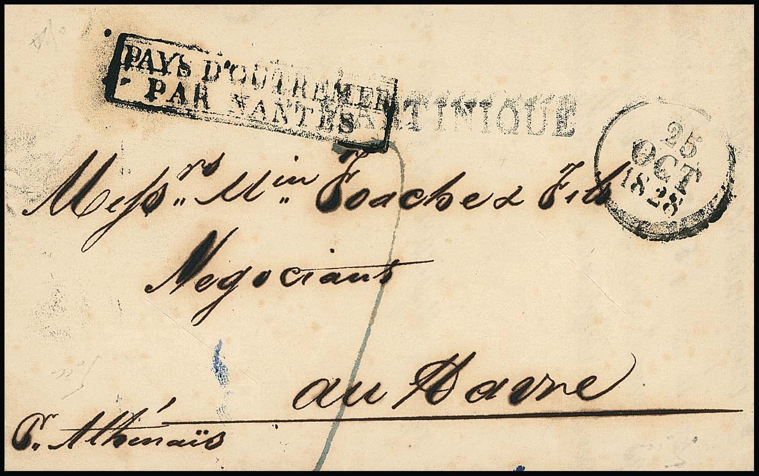 Los 1022 - "Martinique-Frankreich", 1828, Brief aus St. Pierre mit L1 "MARTINIQUE" und Ra2 "PAYS D' OUTREMER PAR NANTES" nach Le Havre