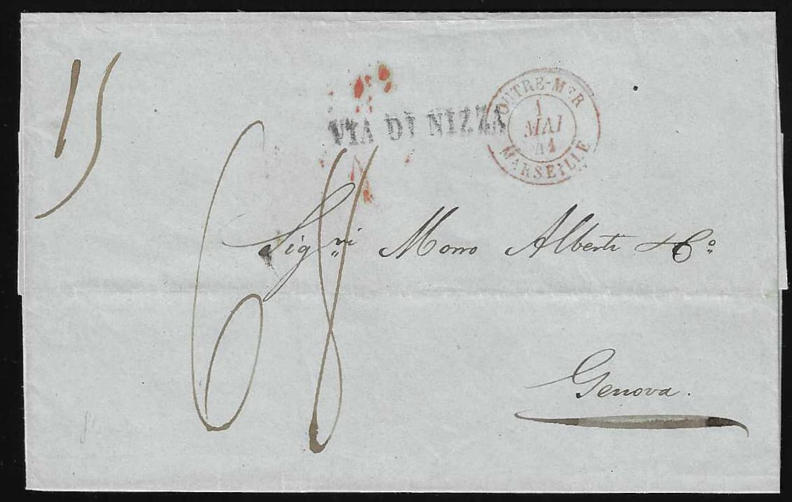Los 1015 - "Gibraltar-Italien", 1841, Brief, datierbar aus "Gibilterra", mit L1 "Via di Nizza" und rotem K2 "Outre-Mer Marseille" nach Genua