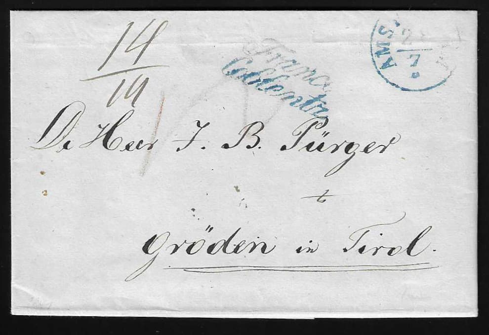 Los 1017 - "Holland-Bayern/Österreich", 1825, Brief mit rotem L1 "Rotterdam" und Schreibschrift-L2 "Franco Grenzen" nach Nürnberg, dazu zweiter Brief von Amsterdam 1841 mit blauem L2 "Franco Coblentz" nach Gröden in Tirol